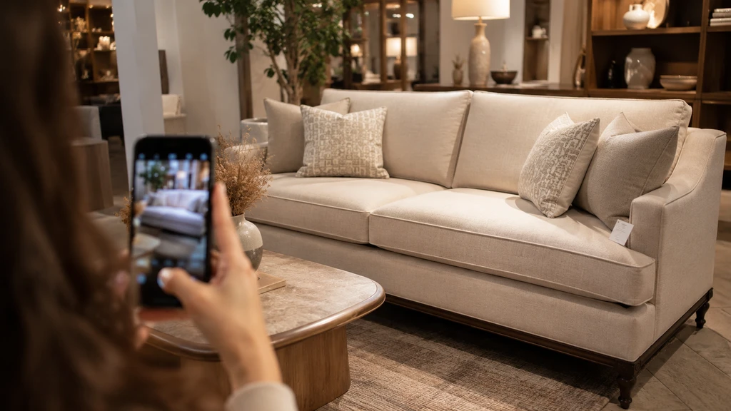Person photographing a beige sofa in a furniture showroom to use as a reference image for AI room visualization.