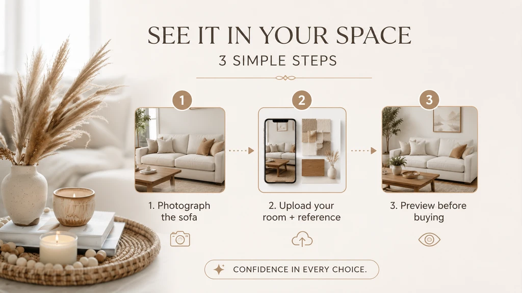 Three-step infographic showing how to photograph a sofa, upload room and reference images, and preview before buying.