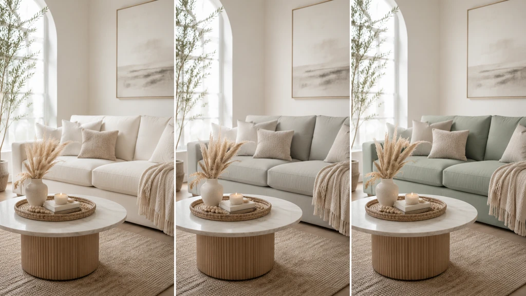 Three living room variations showing cream, gray, and muted green sofa options in the same space.