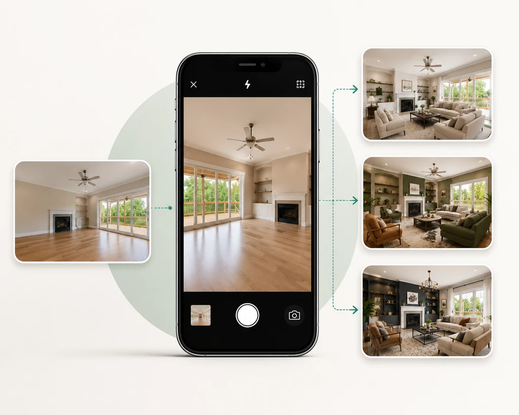 Minimal ReimagineHome AI graphic showing a phone camera capturing an empty living room, with multiple AI-generated room design options displayed around it.