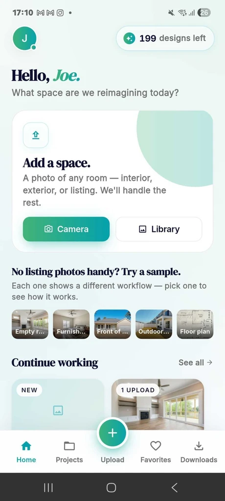 ReimagineHome AI Android app home screen showing options to add a space using camera or library, try sample workflows, and continue previous design projects.