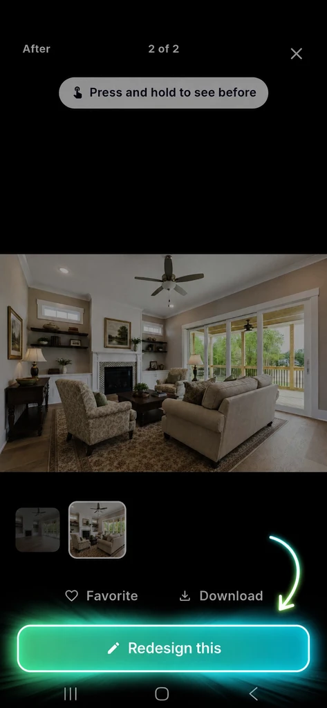ReimagineHome AI mobile preview screen showing a generated living room design with the “Redesign this” button highlighted for editing the selected output.