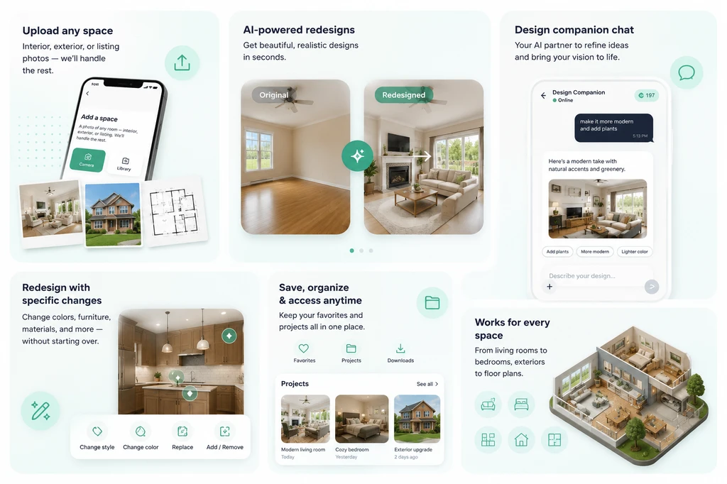 ReimagineHome AI app feature graphic showing a mobile redesign preview, before-and-after room transformation, favorite, download, edit, and AI assistant icons.