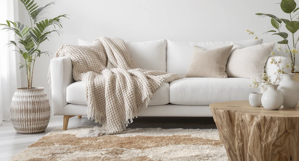 Natural light brightens a modern living room staged for a real estate listing, featuring a linen sofa, woven throw, wool rug, and textured accents, illustrating why texture matters in home staging and how texture influences real estate listings by improving visual trust in virtual staging and boosting listing engagement with textured design.