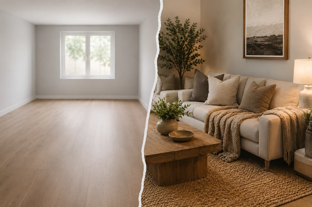 Displaying textured real estate listing photos showing how buyers experience homes digitally before visiting in person