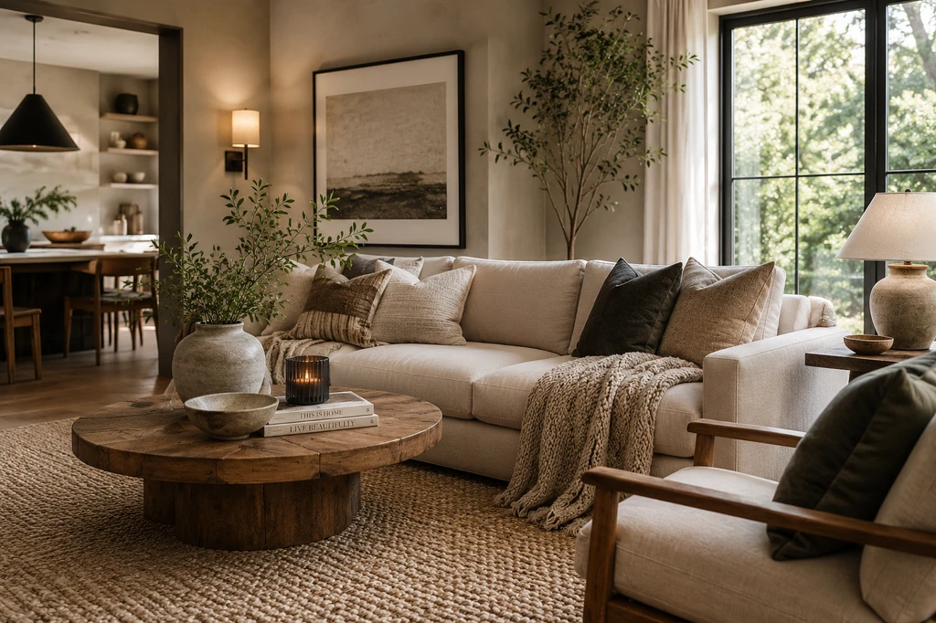 Modern staged living room with layered textures, wool rug, linen sofa, natural wood furniture, and warm neutral decor designed for digital first real estate listing photography