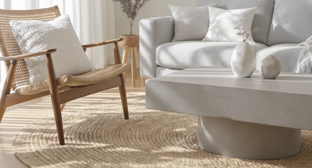 Editorial-quality living room vignette showcasing how texture matters in home staging; tactile boucle pillow, walnut chair, jute rug, and concrete table visibly add depth and trust to real estate listings, boosting listing engagement with textured design.