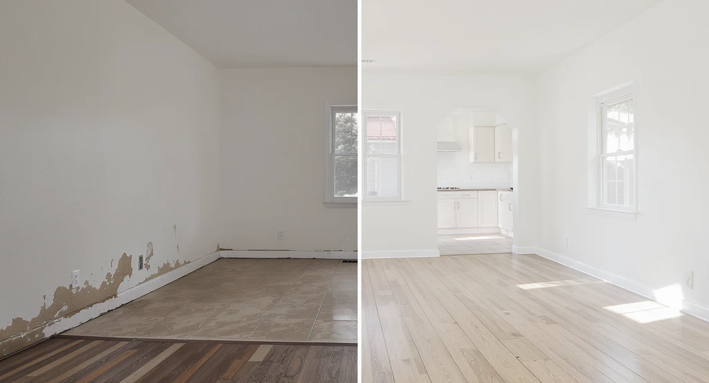 A split-view living room, half showing small flaws like peeling paint and dirty grout, half well-maintained, highlighting what buyers notice in listing photos and the emotional impact of real estate photos. Natural lighting and clear room flow illustrate how lighting affects listing performance, and contrasting finishes reveal common listing photo mistakes to avoid.