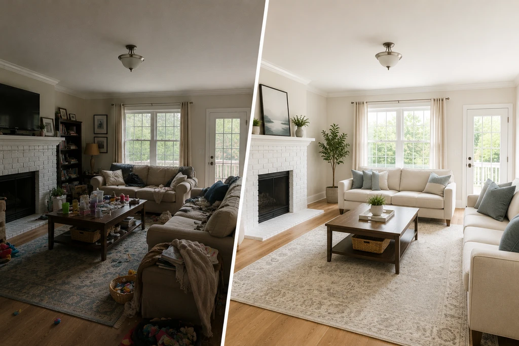 Bright staged living room highlighting lighting, layout, clutter, and trust signals buyers notice in listing photos.