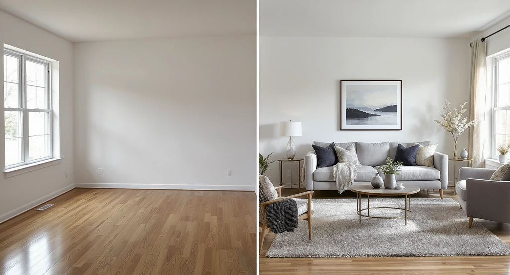 Side-by-side photo of a living room: left half unfurnished and empty, right half virtually staged with modern furniture, highlighting listing photo effectiveness and the emotional impact of real estate photos. Shows how virtual staging helps buyers notice room scale and avoid common listing photo mistakes, contrasting the effects of lighting and real staging.