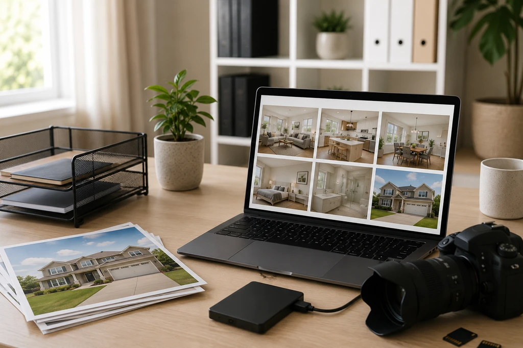 Clean workspace setup showing organized real estate listing media workflow and MLS-ready property visuals.
