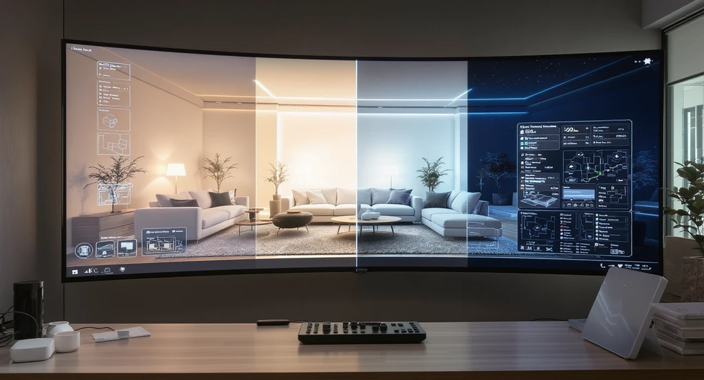 Editorial image of a modern real estate office with a large screen displaying ai visualization for emotional comfort in homes, showing how ai interior design tools improve home livability and enable virtual staging with emotional comfort simulation.