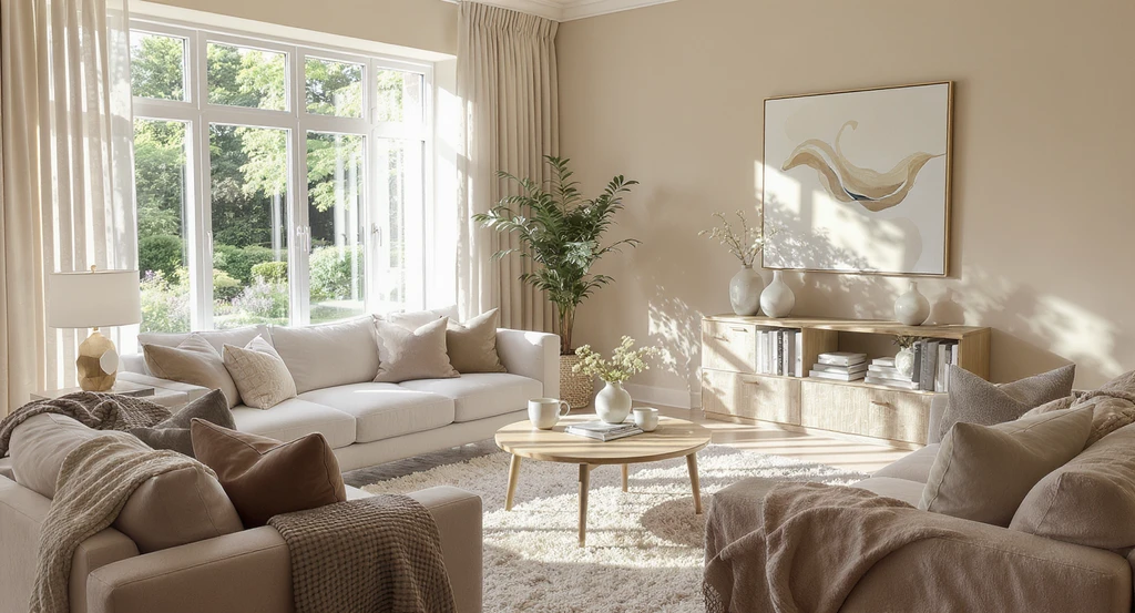 Ultra-realistic modern living room showing AI-powered interior design for lifestyle-based emotional comfort, with virtual staging details and calming décor, highlighting AI visualization for comfortable, livable homes.
