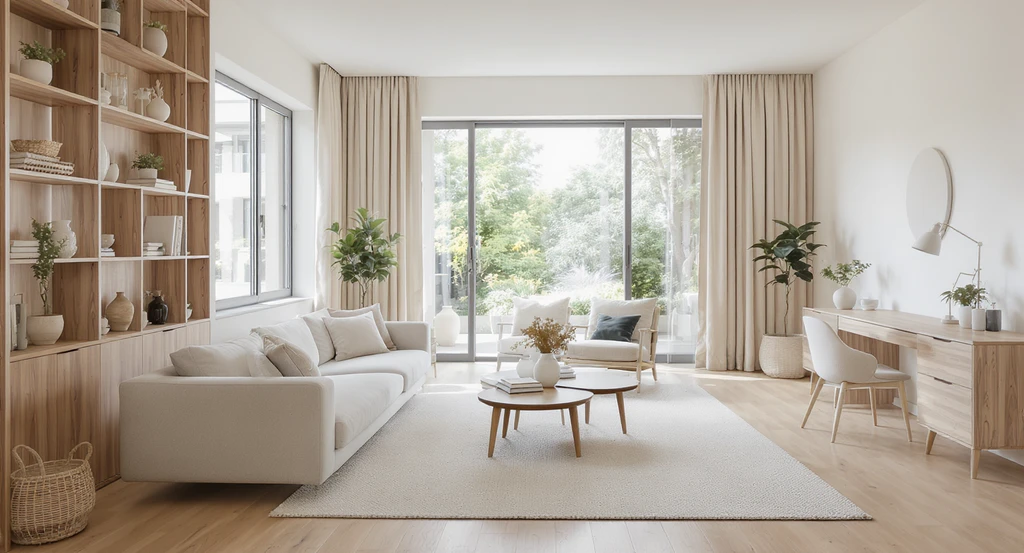 Editorial-quality photorealistic living room showing ai visualization for emotional comfort in homes: open layout, balanced light, sound-absorbing materials, and intuitive zones that demonstrate how ai interior design tools improve home livability and simulate psychological benefits of ai home design.