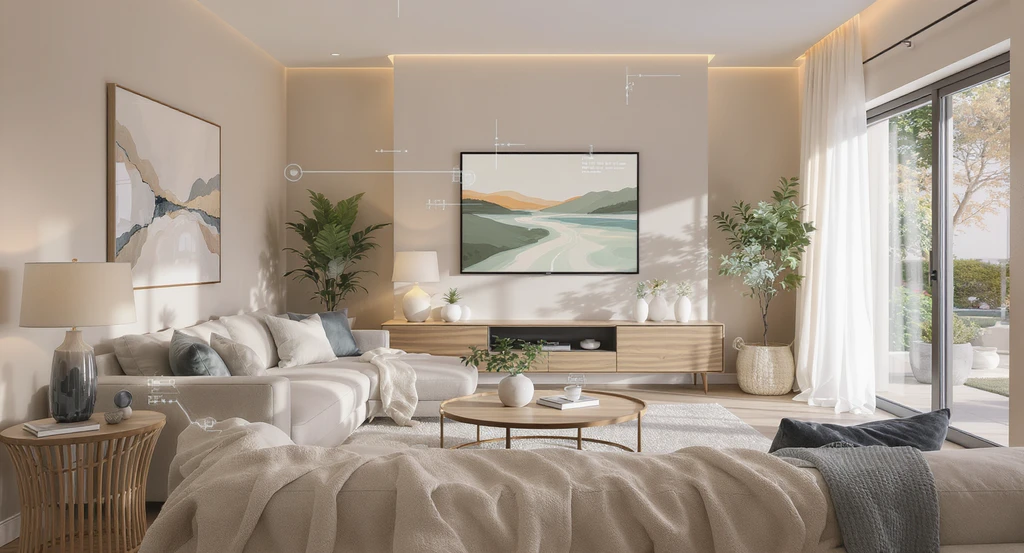 Ultra-realistic AI-visualized living room designed for emotional comfort, showcasing how AI interior design tools and virtual staging enhance home livability and support calmer, more livable real estate environments.