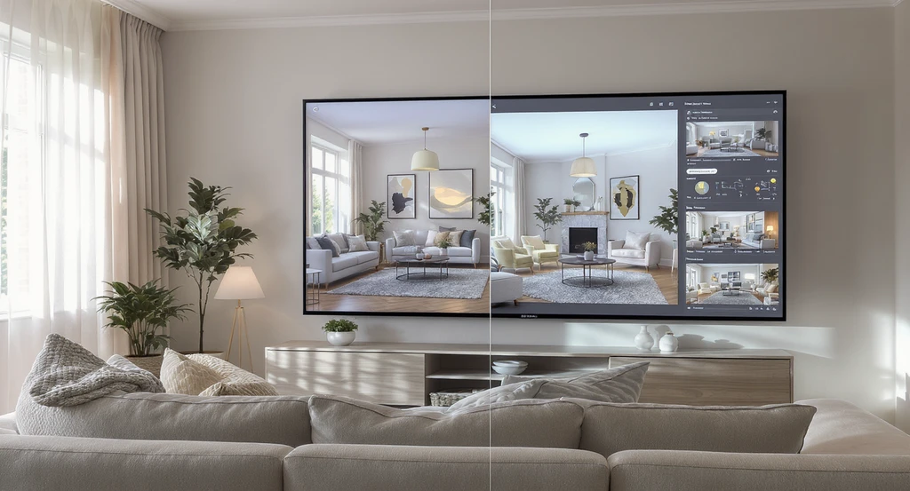Ultra-realistic living room with a large display showing AI-powered 3D virtual layouts, furniture arrangements, and lighting simulations for emotional comfort in home design.