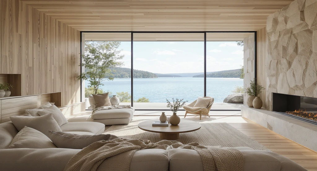 Editorial ai visualization of a lake house interior focused on emotional comfort, wellness, and restorative routines, showing a modern, minimally furnished living space with natural materials, expansive windows, and seamless integration of waterfront views—demonstrating how ai transforms waterfront home design for vacation homes.