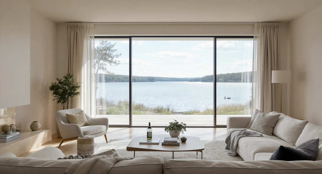 ai visualization for lake house interiors showing a minimalist living room with pale woods, uninterrupted lake views, and calming, nature-inspired design emphasizing emotional comfort.