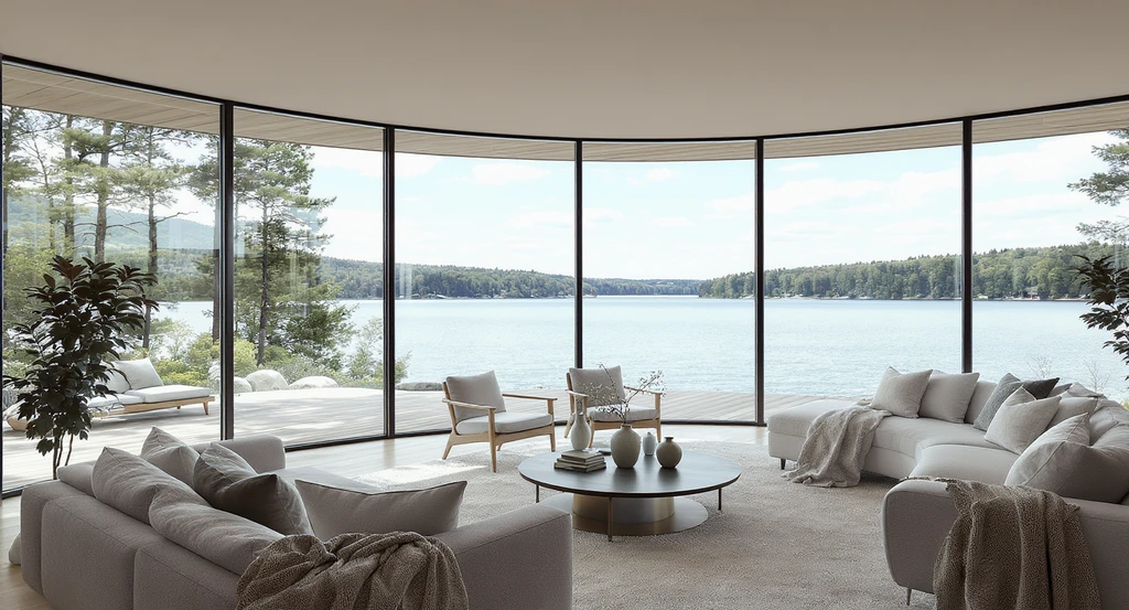 ai visualization for lake house interiors showing window-centric living space with floor-to-ceiling glass overlooking a tranquil lakeside view, designed for emotional comfort
