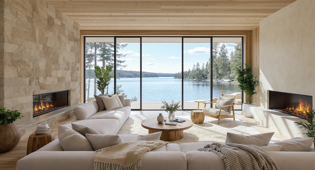 Ultra-realistic lake house interior with floor-to-ceiling windows, AI-designed minimalist furnishings, showcasing virtual staging for emotional comfort and waterfront living.