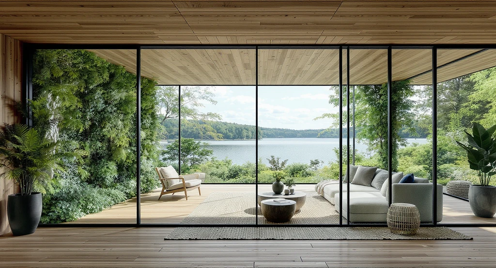 AI visualization for lake house interiors showing biophilic design: glass walls, natural wood finishes, seamless plant integration, and tranquil waterfront views.