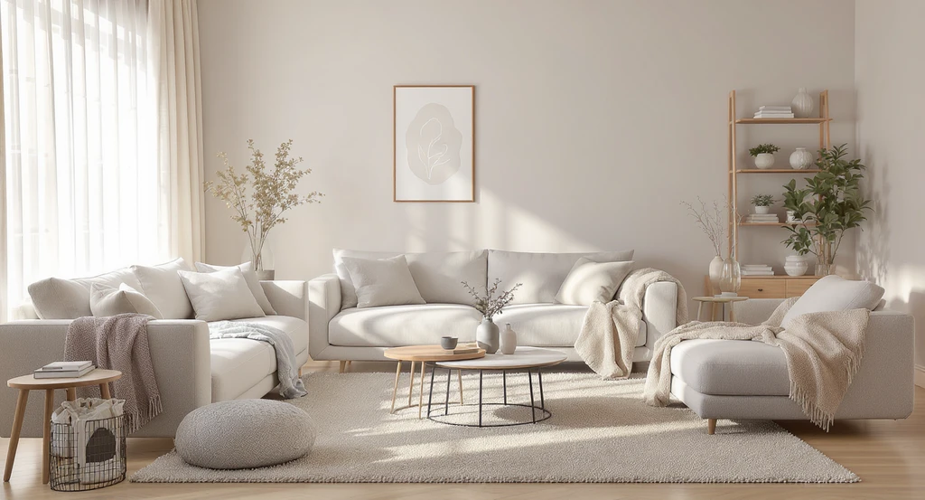 Photorealistic, sunlit living room with soft sofas, plush rugs, and flexible modular furniture, showcasing AI visualization for livable home design and softer interiors.