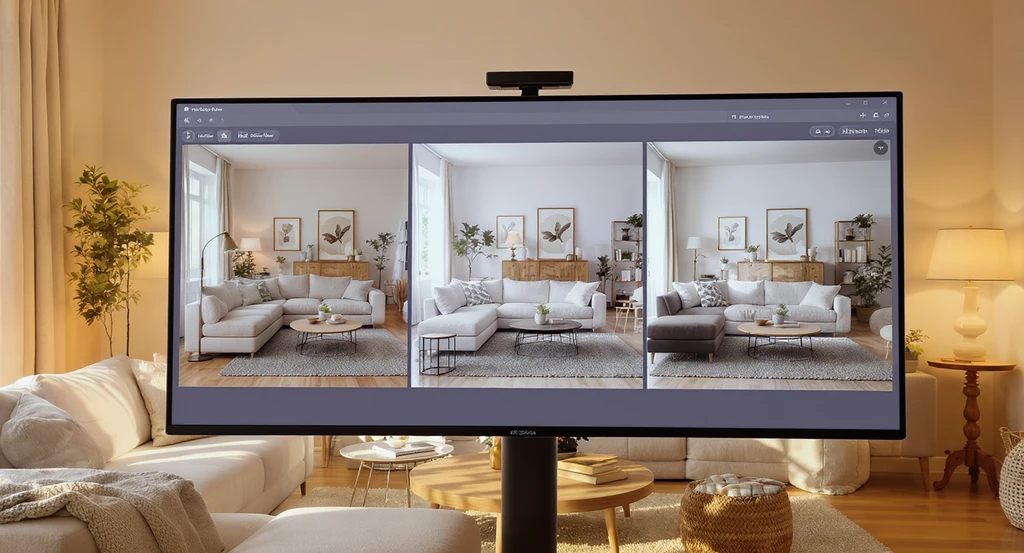 Photorealistic living room with digital display shows ai visualization of layout, lighting, and design changes for livable, flexible home interiors.