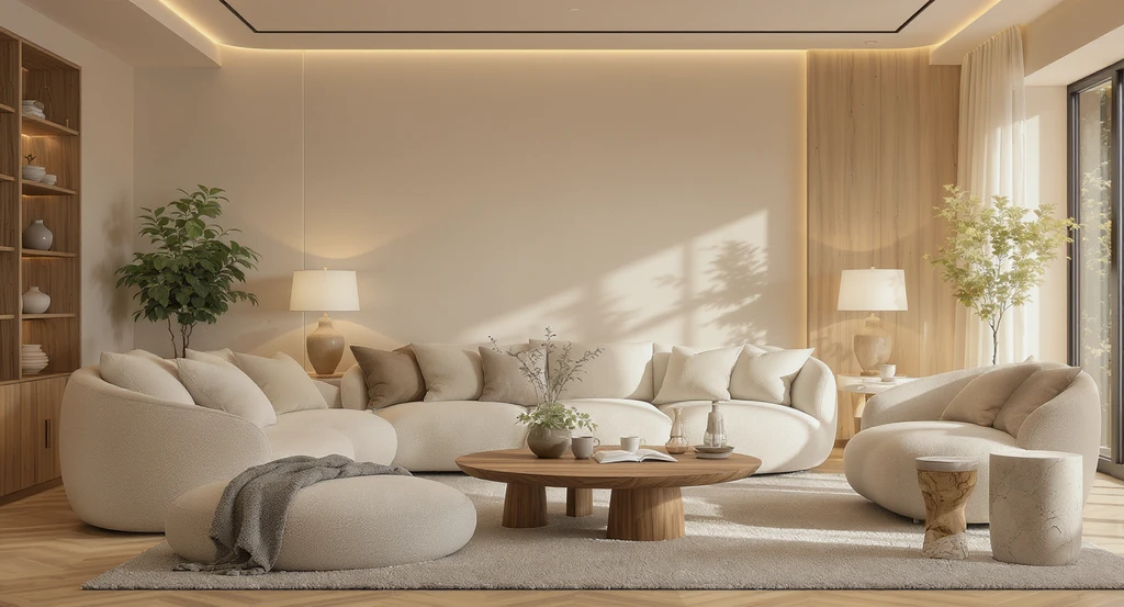 Editorial image of a 2026 living room designed with soft, livable interiors using ai visualization, warm neutrals, rounded furniture, layered indirect lighting, and natural materials for emotional appeal.