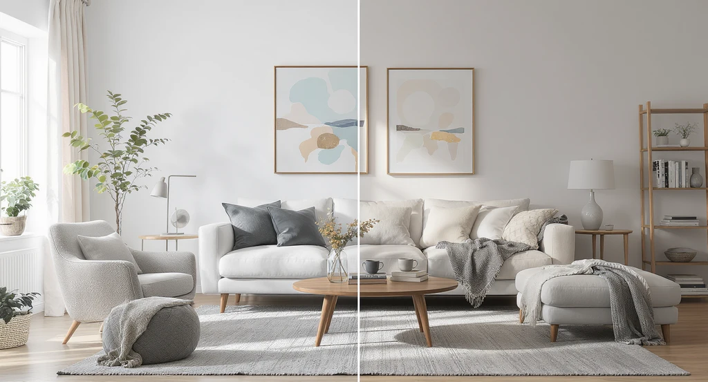 Editorial photo of a living room split between ultra-staged perfection and a relaxed, livable layout, showing ai visualization for livable home design and flexible space planning.