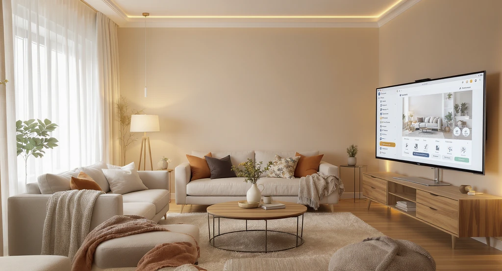 AI visualization of a living room before and after soft staging, featuring warm neutral walls, matte natural textures, layered lighting, and flexible furniture layout for livable home design.
