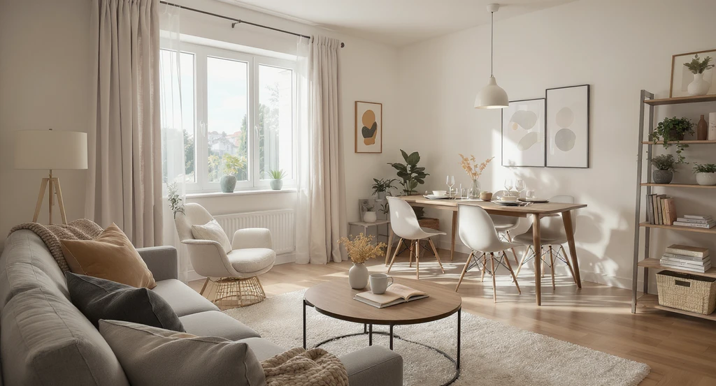 Editorial photo of a modern, AI-staged living room with a reading nook, dining area, flexible workspace, and personalized decor, highlighting virtual staging AI for flexible layouts and personalizing interiors using AI visualization.