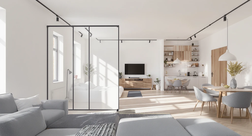 Modern open-plan living space showcasing ai lifestyle-led staging for interiors with modular furniture, movable partitions, and flexible lighting for adaptable multi-function room layouts.