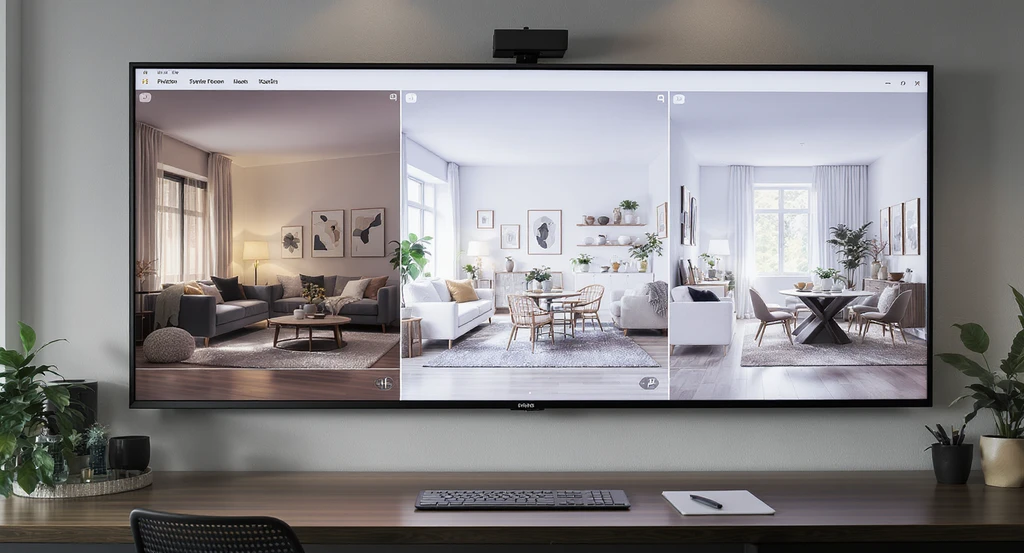 Ultra-realistic side-by-side AI lifestyle-led staging visualizations for interiors on a designer's screen, showing how AI home design tools flexibly create personalized layouts and lighting with virtual staging AI for multiple scenarios, illustrating best AI tools for interior staging in process.