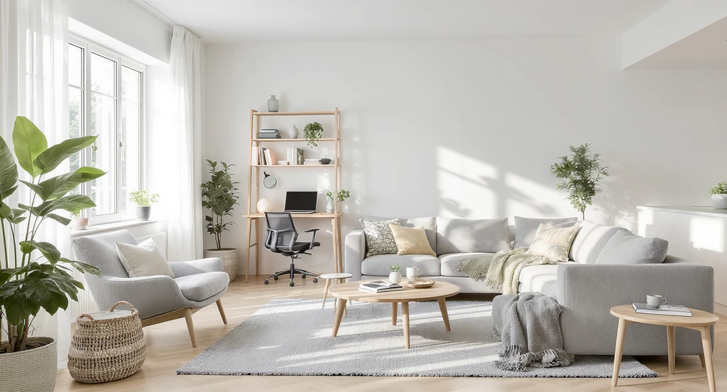Open-plan living room staged with ai lifestyle-led staging for interiors, showing work nook, reading corner, and lounge area, reflecting flexible layouts and personalizing interiors using ai visualization.