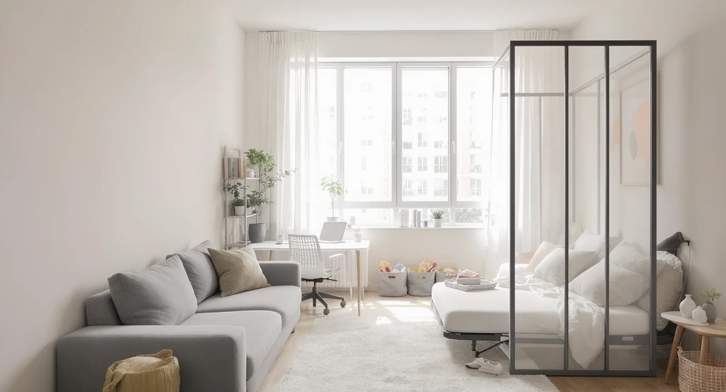 Photorealistic flex room with modular furniture, movable dividers, and natural light, showcasing ai-powered home design visualization tools for flexible living spaces.