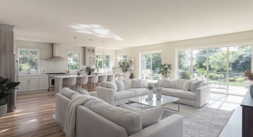 Photorealistic open-concept living and dining area designed with ai-powered home design visualization tools, demonstrating how ai transforms functional home layouts with clear circulation, sightlines, and scaled furniture for flexible living spaces.