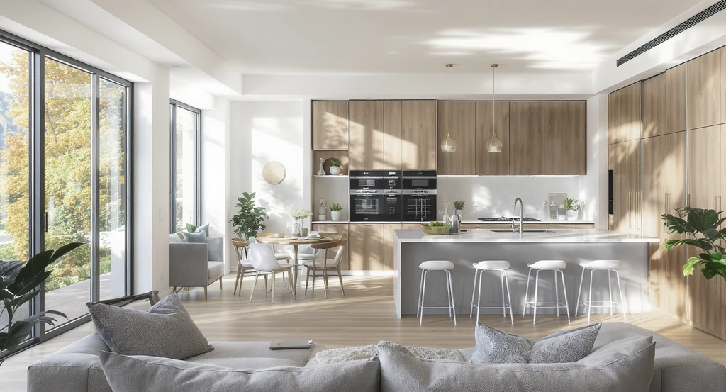 A realistic, modern open-concept living space with integrated flexible zones highlights how AI interior design and visualization tools improve functional home layouts and luxury experiences.