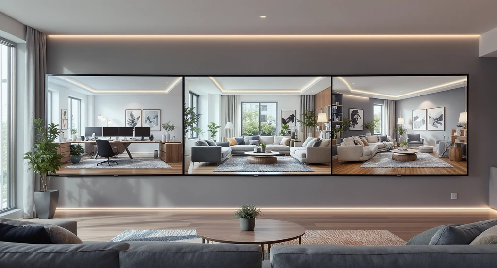 Modern living room displays three clear AI-powered home design visualizations, illustrating how AI transforms functional home layouts for flexible living spaces.
