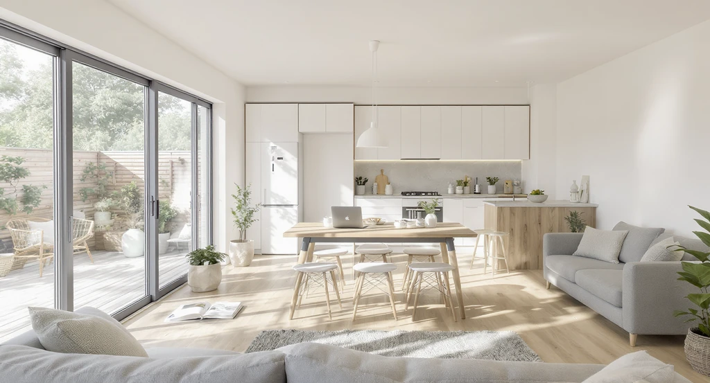 Modern open-plan home showing a flexible living area with modular furniture, smart storage, and an adaptable workspace—demonstrating how ai-powered home design visualization tools help create functional, luxury home layouts focused on flexible living spaces.