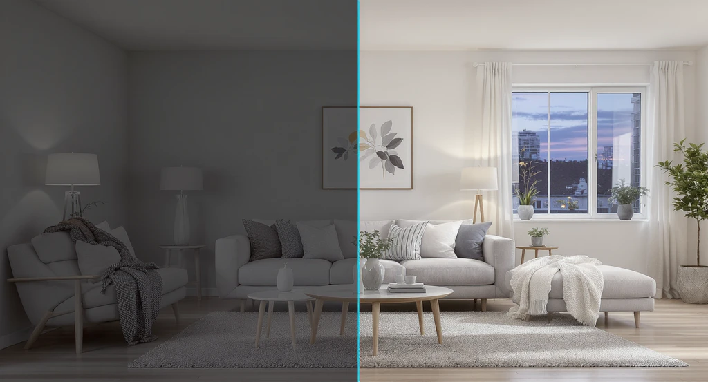 Modern living room before and after ai image enhancement for real estate listings, showing level walls, neutral whites, natural saturation, and mls-ready photo quality standards.