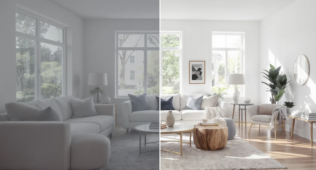 Modern living room shown before and after ai image enhancement for real estate listings, demonstrating how to fix bad real estate photos and achieve mls-ready photo quality standards.