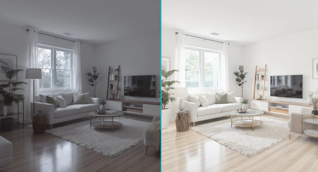 Split-screen photo showing a dim, crooked living room on one side and an enhanced, mls-ready version on the other, demonstrating ai image enhancement for real estate listings and how to fix bad real estate photos for better listing performance.