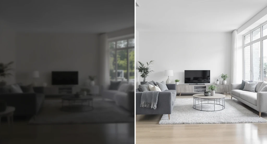 Before-and-after of a real estate listing photo: left side is blurry and dark, right is sharp and bright, showing ai image enhancement for real estate listings.