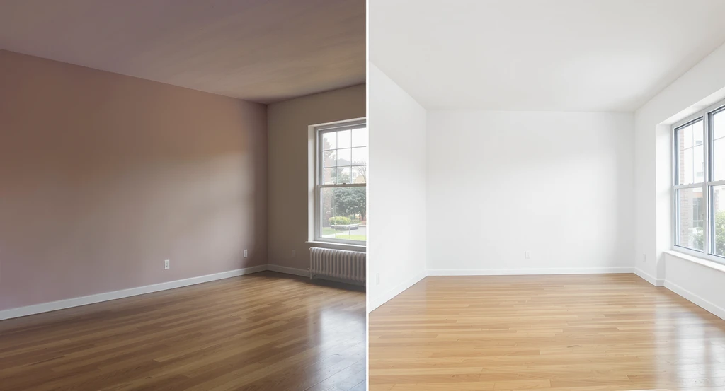 Split-view of a living room showing before and after ai image enhancement for real estate: left side with bad photo quality flaws, right side MLS-ready and professional. Improves listing photos, meets photo quality standards, benefits of virtual staging, and boosts real estate marketing.