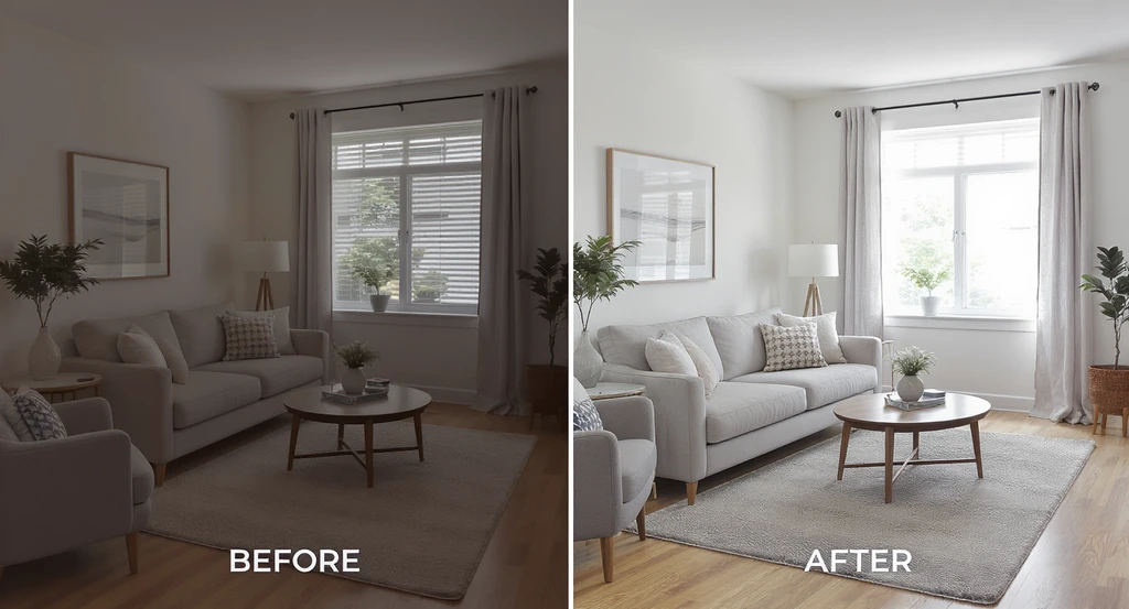 Ultra-realistic split-screen of a real estate living room before and after ai image enhancement showing how to fix bad real estate photos to MLS-ready standards.