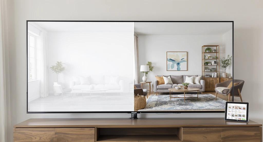 Modern living room with a TV showing a split-screen of an empty room beside a furnished space created by shoppable furniture design ideas and virtual furniture tools.