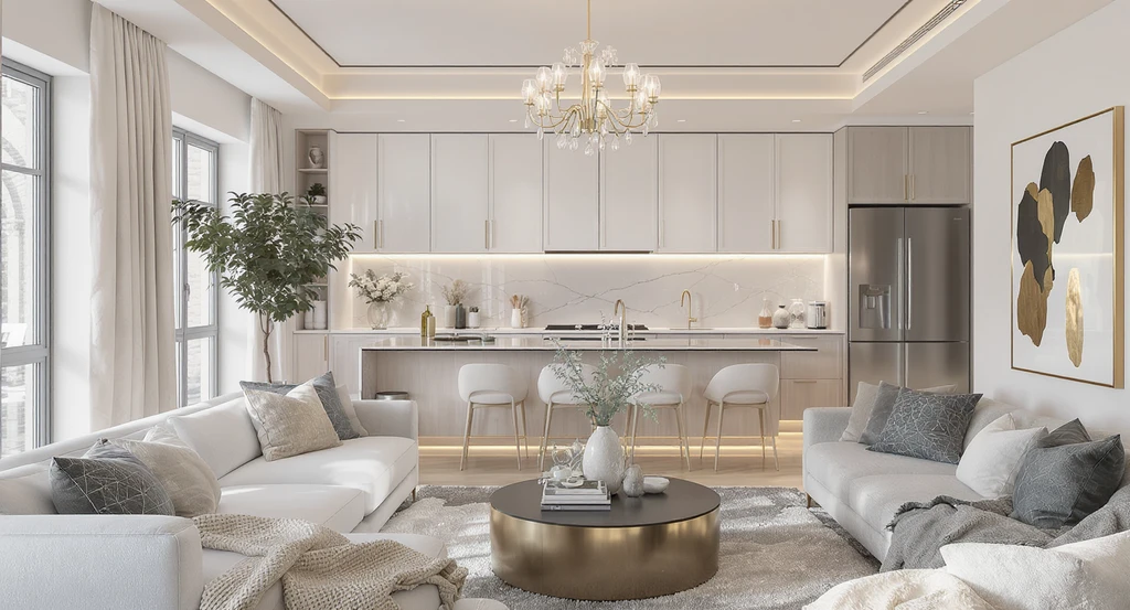 Ultra-realistic open-plan living room, kitchen, and bedroom furnished with real, shoppable furniture, showcasing apartment decorating with virtual furniture tools.