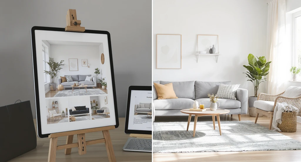 Photorealistic living room illustrating shoppable furniture design ideas, splitting mood board inspiration and real, purchasable products side by side.
