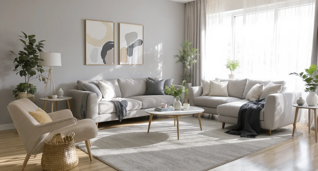 Modern living room with shoppable furniture arranged to show scale, lighting, and layout, perfect for visualizing real furniture in your own space.