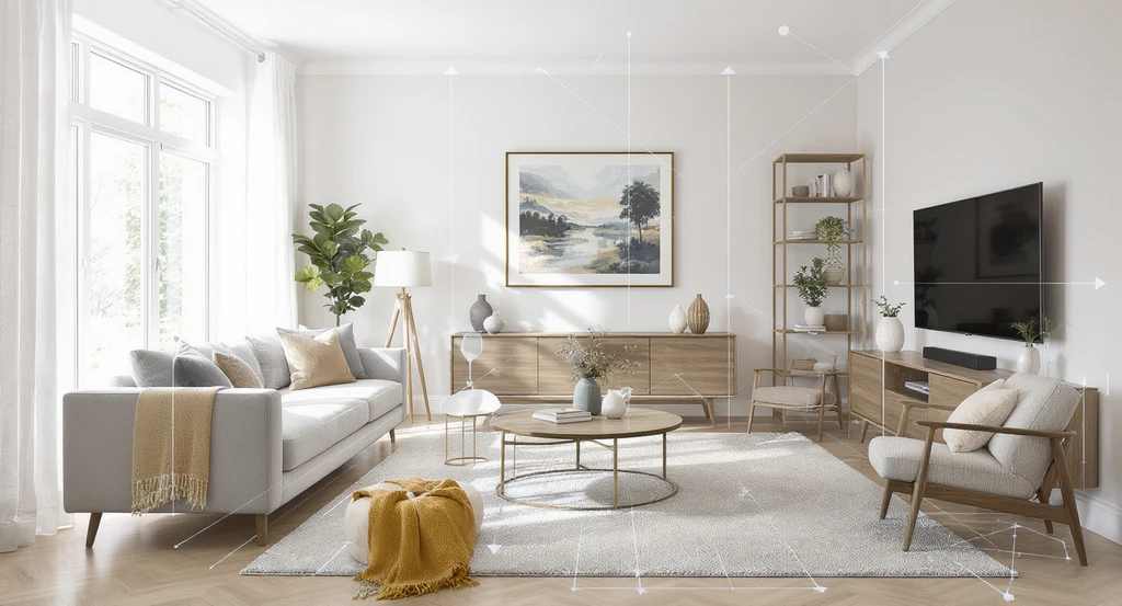 Modern living room showing shoppable furniture design ideas, with real furniture visualized digitally for accurate layout and style comparison online.